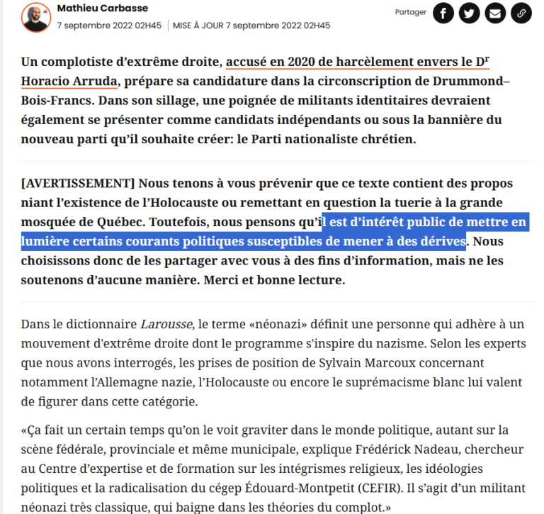 Diffamation antifa Québecor média du PNC sous faux couvert journalistique