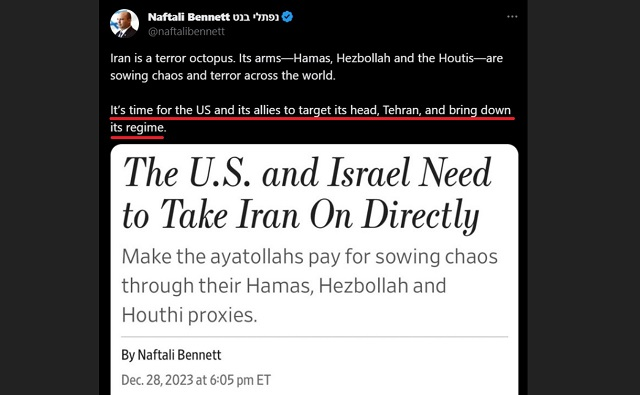 L&rsquo;ancien Premier ministre israélien Naftali Bennett exige que l’Amérique mène la guerre à l’Iran pour un changement de «régime»